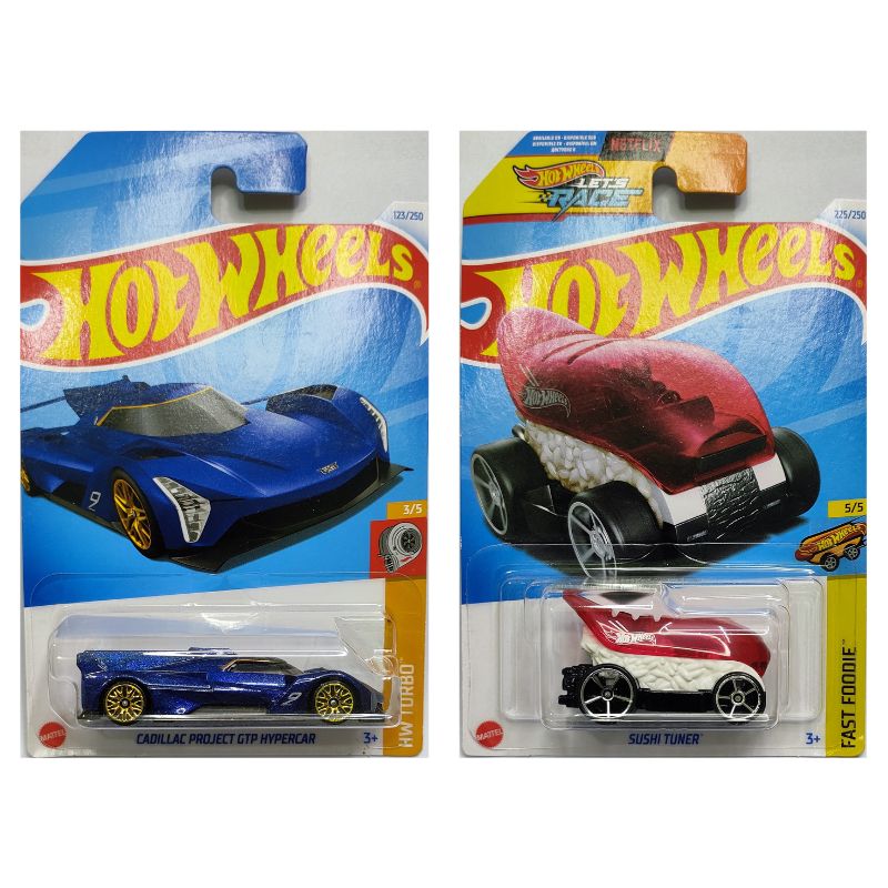 Hot Wheels 2024 Mainline Cadillac Project GTP Hypercar Violet and Sushi Tuner Red White Hot Wheels 2024 Mainline Cadillac Project GTP Hypercar Violet and Sushi Tuner Red White