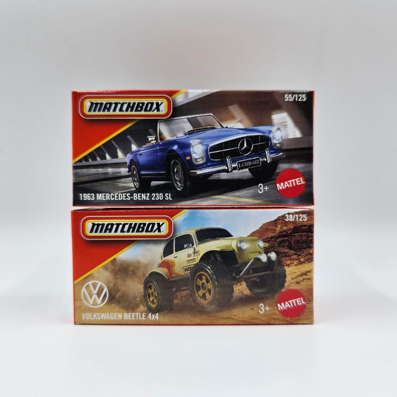 Matchbox 2026 Mainline 1963 Mercedes-Benz 230 SL Blue and Volkswagen Beetle 4x4 Beige Matchbox 2026 Mainline 1963 Mercedes-Benz 230 SL Blue and Volkswagen Beetle 4x4 Beige